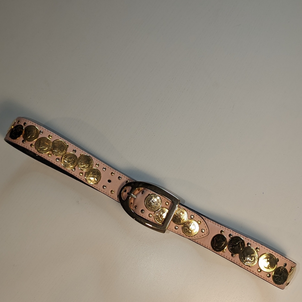 Vita Nuova Pink leather belt with gold coins